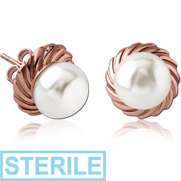 STERILE ROSE GOLD PVD COATED SURGICAL STEEL EAR STUDS PAIR WITH SYNTATIC PEARL - FILIGREE