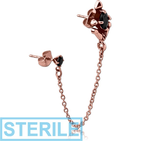 STERILE ROSE GOLD PVD COATED SURGICAL STEEL JEWELLED EAR STUDS WITH CONNECTING CHAIN - ANCHOR CROSS