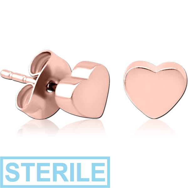 STERILE ROSE GOLD PVD COATED SURGICAL STEEL EAR STUDS PAIR - HEART