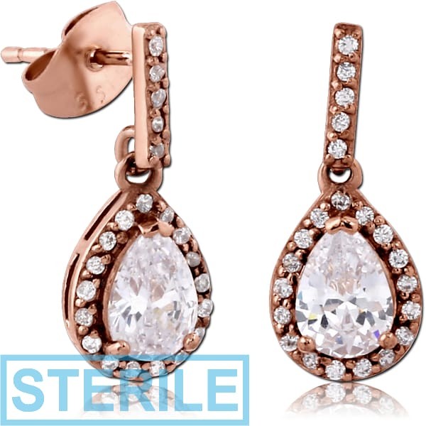 STERILE ROSE GOLD PVD SURGICAL STEEL JEWELLED EAR STUDS PAIR - TEAR DROP