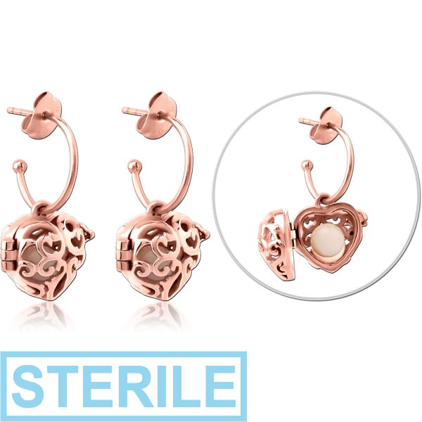 STERILE ROSE GOLD PVD COATED SURGICAL STEEL EAR STUDS PAIR - HEART LOCKET