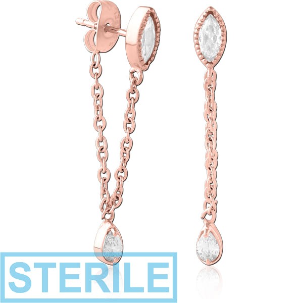 STERILE ROSE GOLD PVD COATED SURGICAL STEEL JEWELLED EAR STUDS PAIR