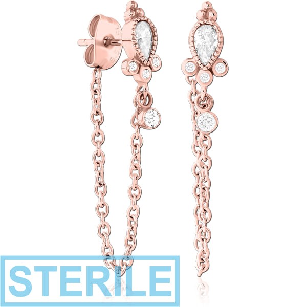 STERILE ROSE GOLD PVD COATED SURGICAL STEEL JEWELLED EAR STUDS PAIR