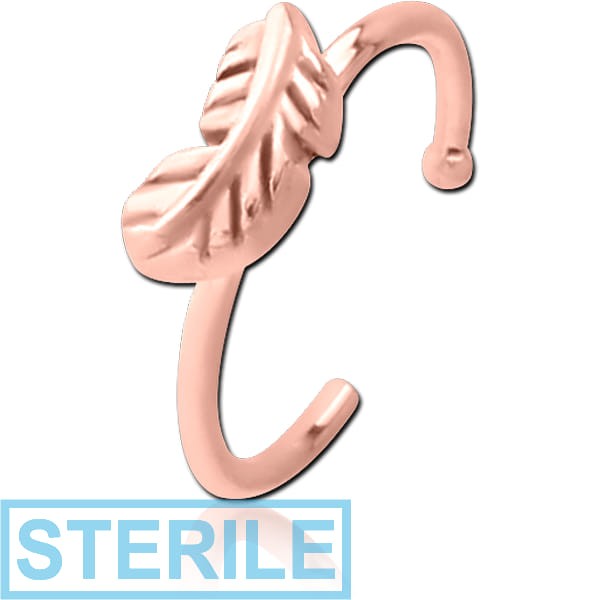 STERILE ROSE GOLD PVD COATED SURGICAL STEEL OPEN NOSE RING - FEATHER