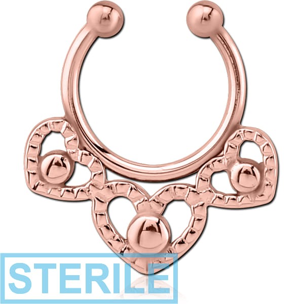 STERILE ROSE GOLD PVD COATED SURGICAL STEEL FAKE SEPTUM RING - THREE HEARTS