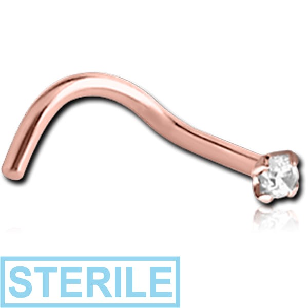 STERILE ROSE GOLD PVD COATED SURGICAL STEEL CURVED PRONG SET 1.5MM JEWELLED NOSE STUD