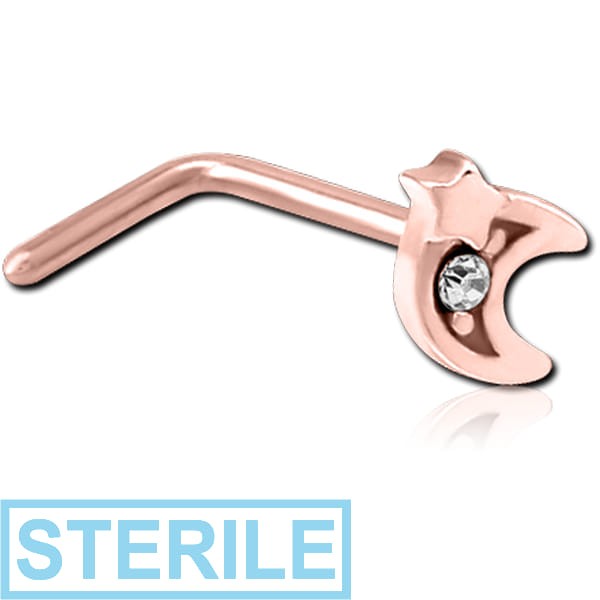 STERILE ROSE GOLD PVD COATED SURGICAL STEEL 90 DEGREE JEWELLED NOSE STUD - CRESCENT AND STAR