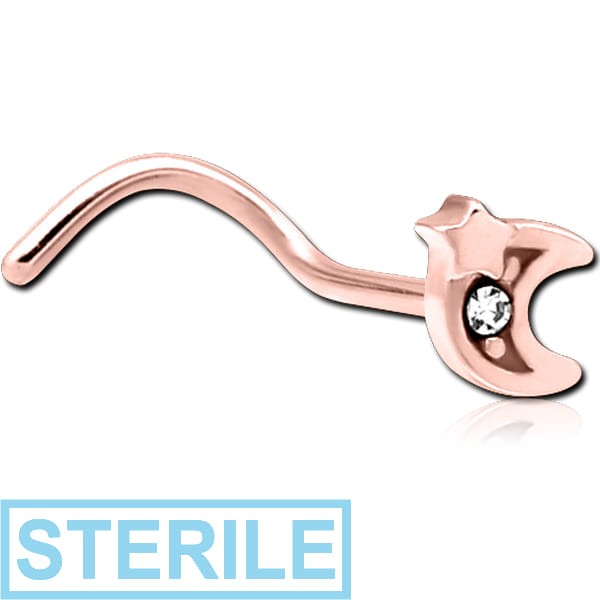 STERILE ROSE GOLD PVD COATED SURGICAL STEEL CURVED JEWELLED NOSE STUD - CRESCENT AND STAR
