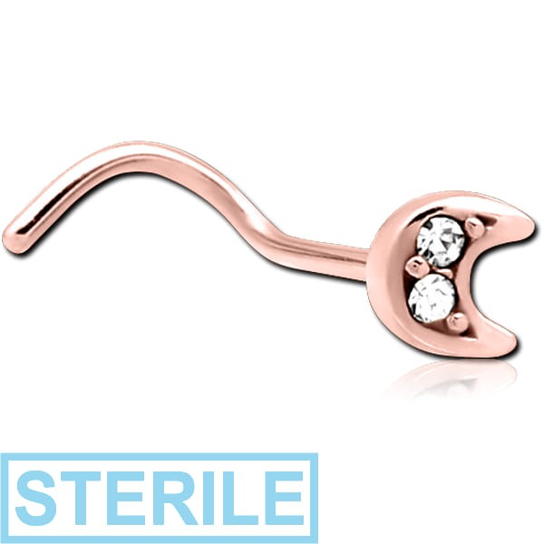 STERILE ROSE GOLD PVD COATED SURGICAL STEEL CURVED JEWELLED NOSE STUD - CRESCENT
