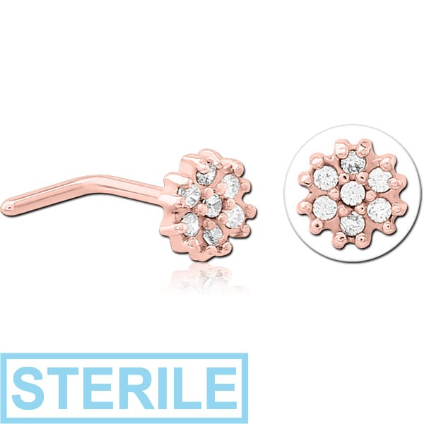 STERILE ROSE GOLD PVD COATED SURGICAL STEEL 90 DEGREE JEWELLED NOSE STUD - FLOWER