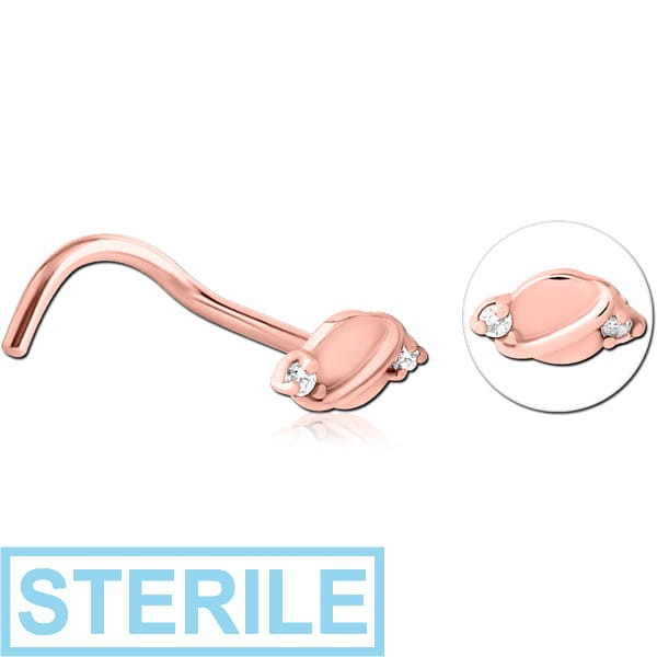STERILE ROSE GOLD PVD COATED SURGICAL STEEL CURVED JEWELLED NOSE STUD