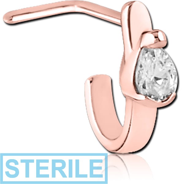 STERILE ROSE GOLD PVD COATED SURGICAL STEEL 90 DEGREE JEWELLED WRAP AROUND NOSE STUD - HEART