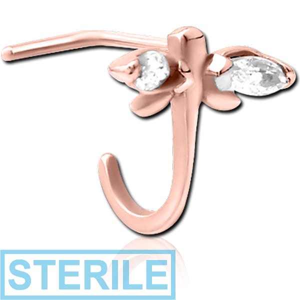 STERILE ROSE GOLD PVD COATED SURGICAL STEEL 90 DEGREE JEWELLED WRAP AROUND NOSE STUD