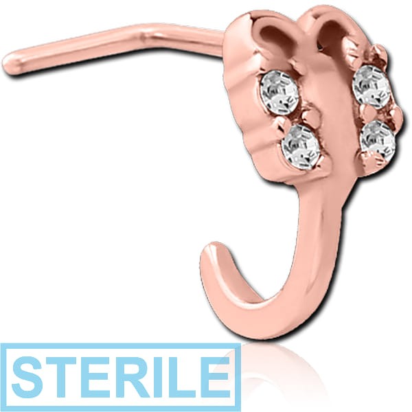STERILE ROSE GOLD PVD COATED SURGICAL STEEL 90 DEGREE JEWELLED WRAP AROUND NOSE STUD - BUTTERFLY