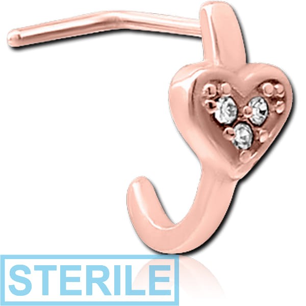 STERILE ROSE GOLD PVD COATED SURGICAL STEEL 90 DEGREE JEWELLED WRAP AROUND NOSE STUD - THIN BAR HEART