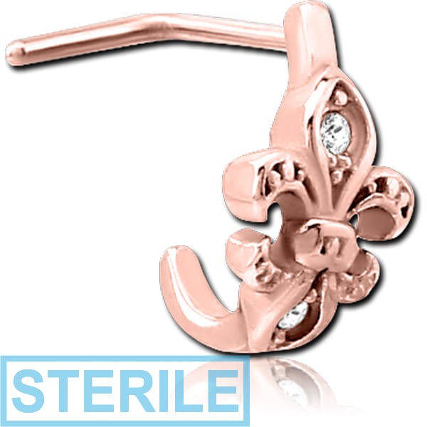 STERILE ROSE GOLD PVD COATED SURGICAL STEEL 90 DEGREE JEWELLED WRAP AROUND NOSE STUD - FLEUR DE LIS