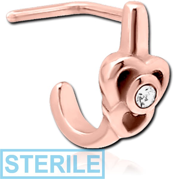 STERILE ROSE GOLD PVD COATED SURGICAL STEEL 90 DEGREE JEWELLED WRAP AROUND NOSE STUD - TWO HEARTS