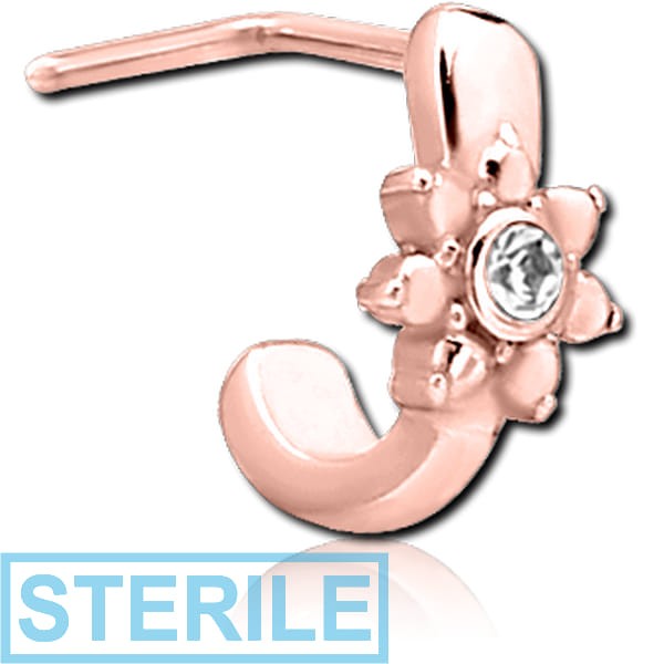 STERILE ROSE GOLD PVD COATED SURGICAL STEEL 90 DEGREE JEWELLED WRAP AROUND NOSE STUD - GEM FLOWER