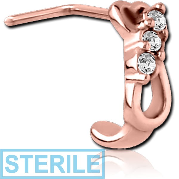 STERILE ROSE GOLD PVD COATED SURGICAL STEEL 90 DEGREE JEWELLED WRAP AROUND NOSE STUD - TRIPLE GEM HEART