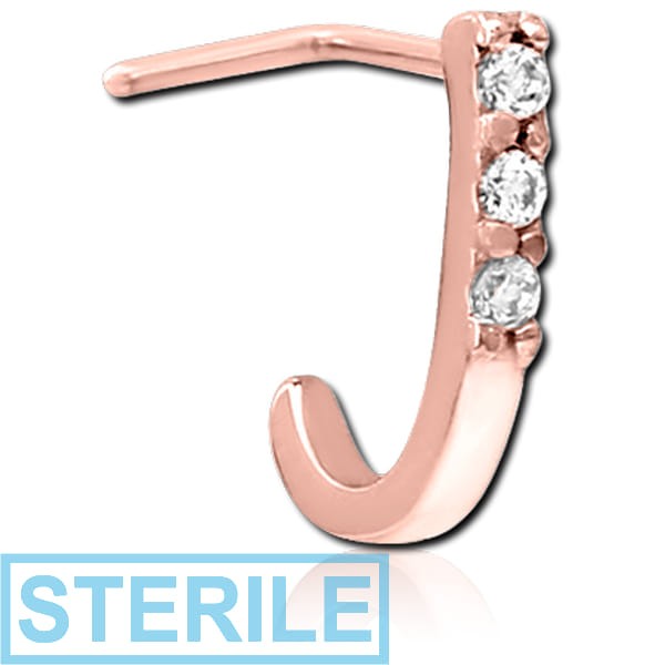 STERILE ROSE GOLD PVD COATED SURGICAL STEEL 90 DEGREE JEWELLED WRAP AROUND NOSE STUD - TRIPLE GEM SQUARE BAR