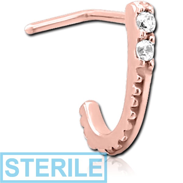 STERILE ROSE GOLD PVD COATED SURGICAL STEEL 90 DEGREE JEWELLED WRAP AROUND NOSE STUD - DOUBLE GEM LINE