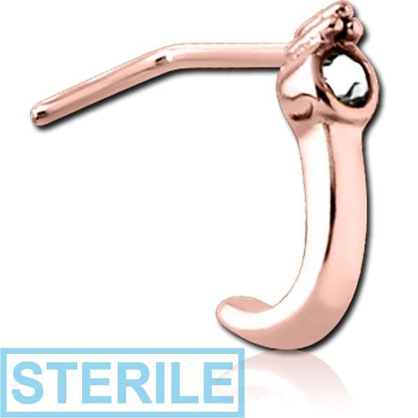 STERILE ROSE GOLD PVD COATED SURGICAL STEEL 90 DEGREE JEWELLED WRAP AROUND NOSE STUD - TRIPLE TOP