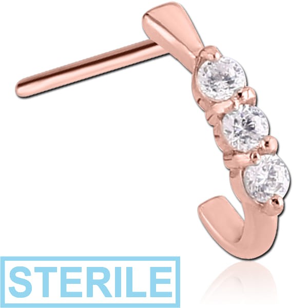 STERILE ROSE GOLD PVD COATED SURGICAL STEEL STRAIGHT JEWELLED WRAP AROUND NOSE STUD - THREE GEMS ROUND