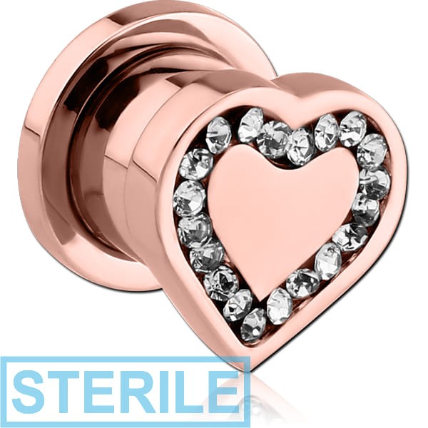 STERILE ROSE GOLD PVD COATED SURGICAL STEEL JEWELLED THREADED TUNNEL - HEART