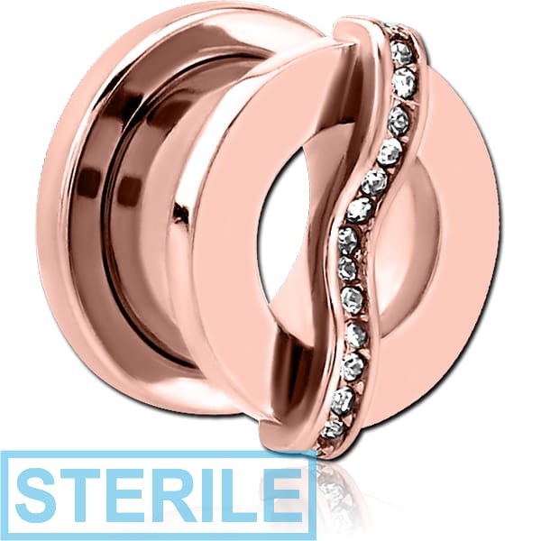 STERILE ROSE GOLD PVD COATED STAINLESS STEEL THREADED TUNNEL WITH SURGICAL STEEL JEWELLED TOP