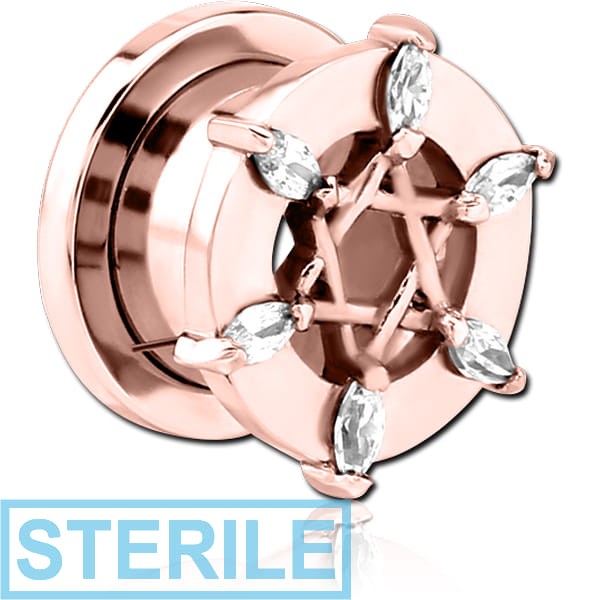 STERILE ROSE GOLD PVD COATED STAINLESS STEEL THREADED TUNNEL WITH SURGICAL STEEL JEWELLED TOP