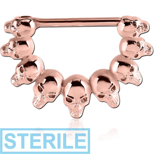 STERILE ROSE GOLD PVD COATED SURGICAL STEEL NIPPLE CLICKER - SKULLS
