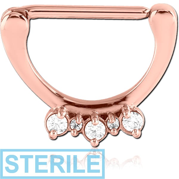 STERILE ROSE GOLD PVD COATED SURGICAL STEEL PRONG SET JEWELLED NIPPLE CLICKER
