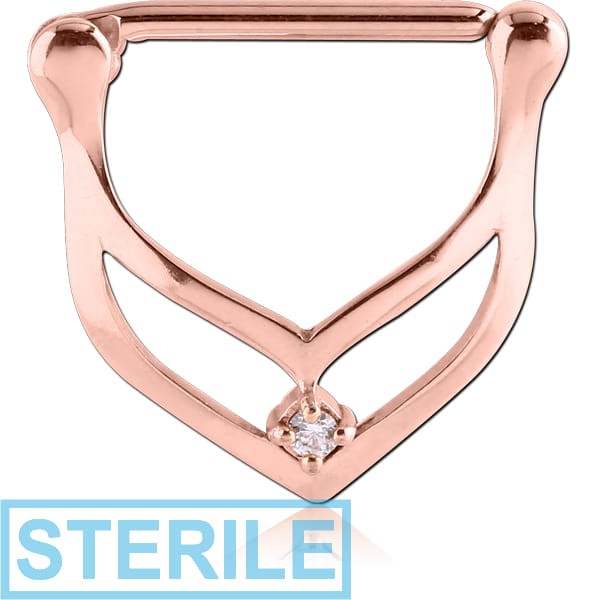 STERILE ROSE GOLD PVD COATED SURGICAL STEEL PRONG SET JEWELLED NIPPLE CLICKER - V