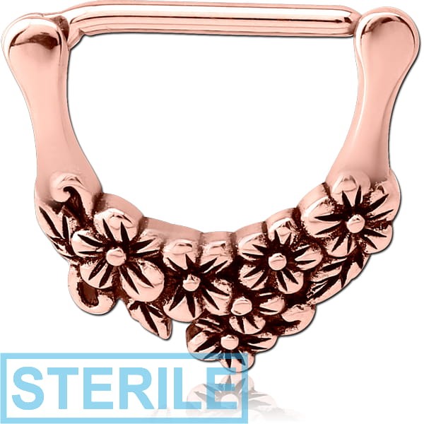STERILE ROSE GOLD PVD COATED SURGICAL STEEL NIPPLE CLICKER - FLOWERS