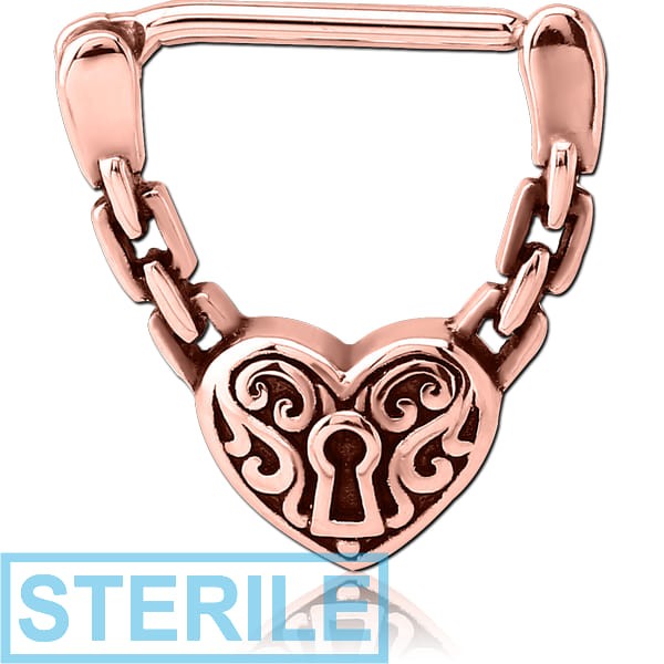 STERILE ROSE GOLD PVD COATED SURGICAL STEEL NIPPLE CLICKER - CHAINS HEART LOCK