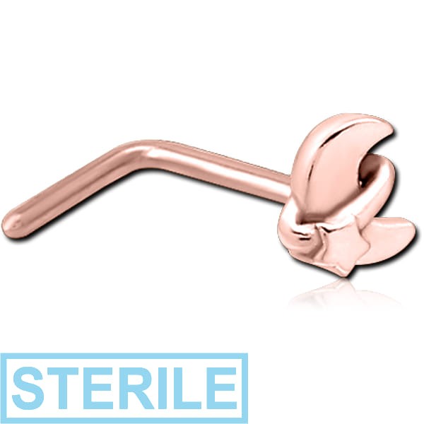 STERILE ROSE GOLD PVD COATED SURGICAL STEEL 90 DEGREE NOSE STUD - ANNULAR ECLIPSE AND STAR