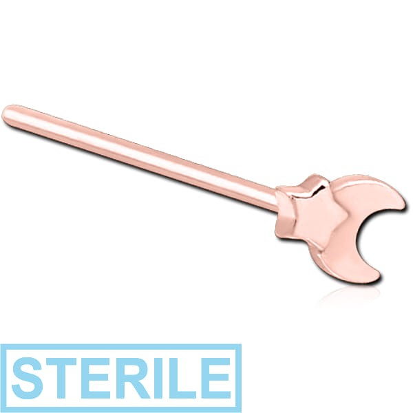 STERILE ROSE GOLD PVD COATED SURGICAL STEEL STRAIGHT NOSE STUD - CRESCENT AND STAR