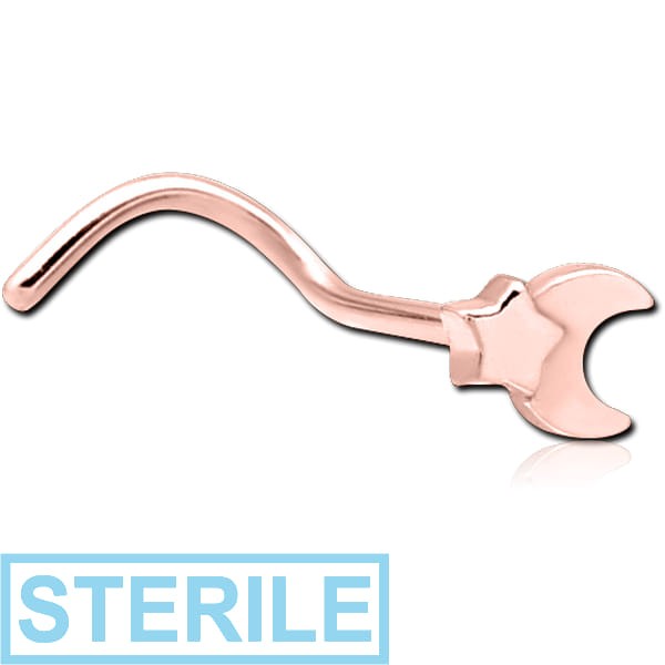 STERILE ROSE GOLD PVD COATED SURGICAL STEEL CURVED NOSE STUD - CRESCENT AND STAR