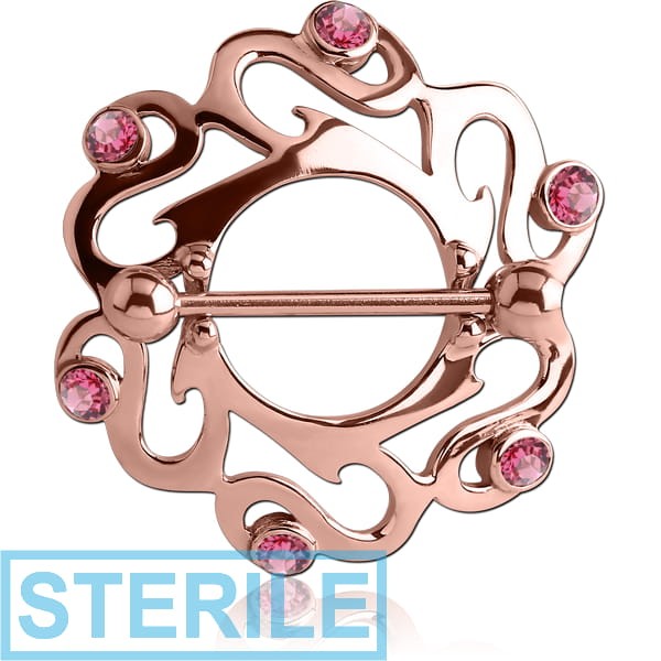 STERILE ROSE GOLD PVD COATED SURGICAL STEEL JEWELLED NIPPLE SHIELD - ROUND FILIGREE