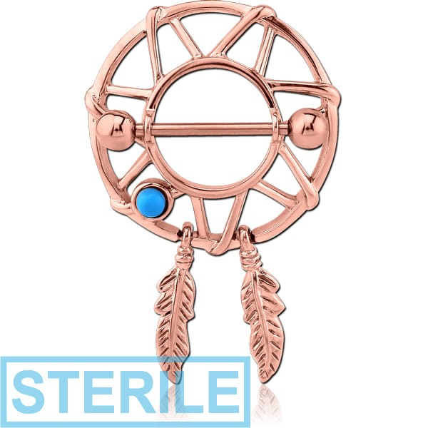 STERILE ROSE GOLD PVD COATED SURGICAL STEEL JEWELLED NIPPLE SHIELD - DREAMCATCHER WITH FEATHERS