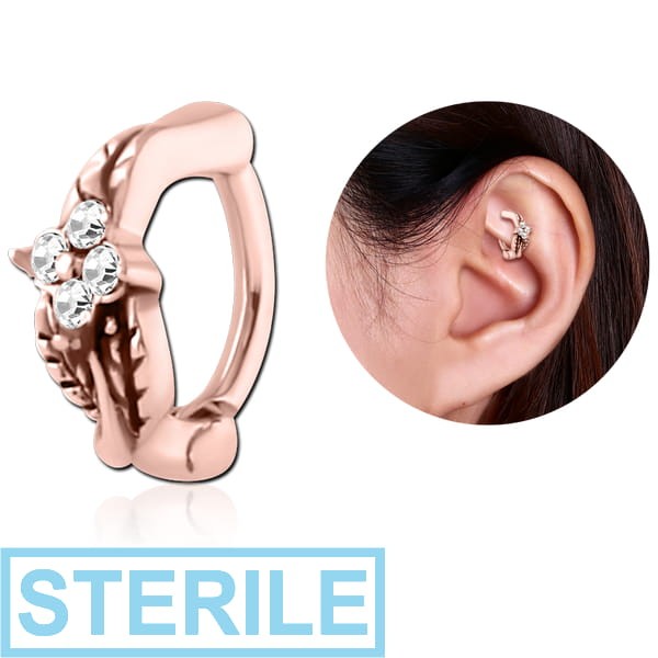 STERILE ROSE GOLD PVD COATED SURGICAL STEEL JEWELLED ROOK CLICKER - LEAF