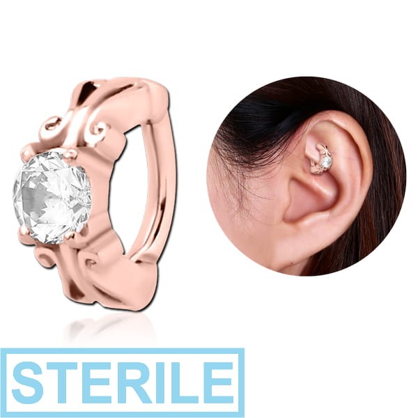 STERILE ROSE GOLD PVD COATED SURGICAL STEEL PRONG SET JEWELLED ROOK CLICKER - FANCY 3MM CENTER STONE