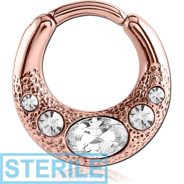 STERILE ROSE GOLD PVD COATED SURGICAL STEEL JEWELLED HINGED SEPTUM CLICKER