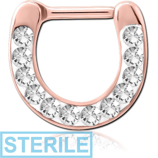 STERILE ROSE GOLD PVD COATED SURGICAL STEEL ROUND CRYSTALINE JEWELLED HINGED SEPTUM CLICKER
