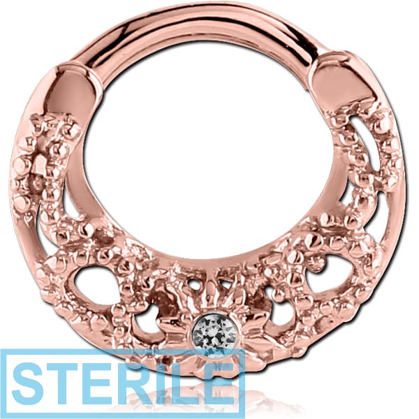 STERILE ROSE GOLD PVD COATED SURGICAL STEEL JEWELLED HINGED SEPTUM CLICKER