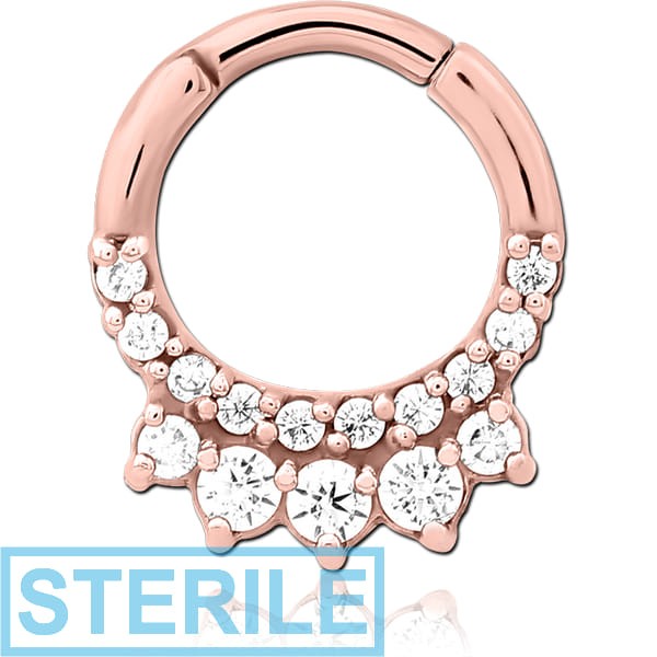 STERILE ROSE GOLD PVD COATED SURGICAL STEEL JEWELLED HINGED SEPTUM CLICKER RING