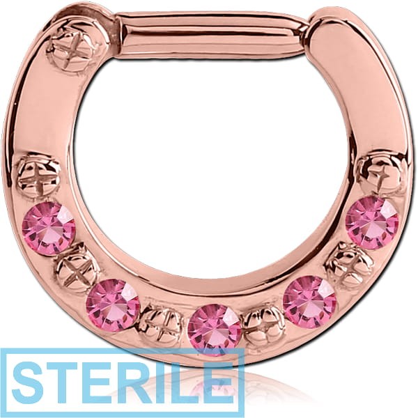STERILE ROSE GOLD PVD COATED SURGICAL STEEL ROUND JEWELLED HINGED SEPTUM CLICKER