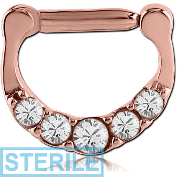 STERILE ROSE GOLD PVD COATED SURGICAL STEEL ROUND HIGH END CRYSTALS JEWELLED HINGED SEPTUM CLICKER