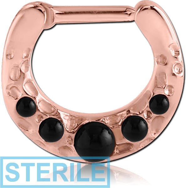 STERILE ROSE GOLD PVD COATED SURGICAL STEEL ROUND JEWELLED HINGED SEPTUM CLICKER WITH SYNTHETIC ONYX