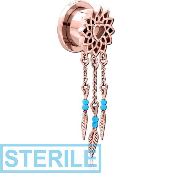 STERILE ROSE GOLD PVD COATED STAINLESS STEEL THREADED TUNNEL WITH SURGICAL STEEL TOP